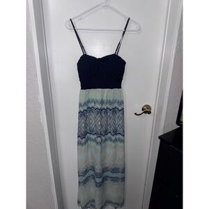 Trillium Navy Blue Lace Geometric Print Back Cutout Maxi Dress Small